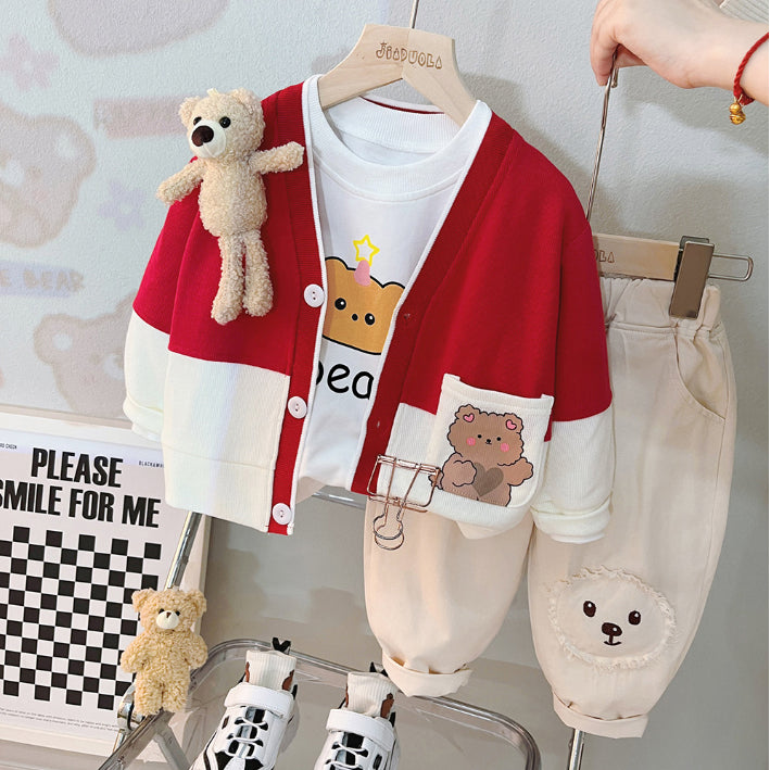 Toddler 3-Piece Animal Pocket Cardigan Set – Red, Brown, Pink (1-6 Years)