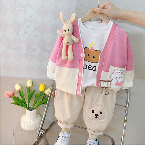 Toddler 3-Piece Animal Pocket Cardigan Set – Red, Brown, Pink (1-6 Years)