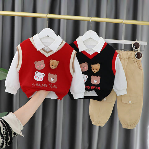 Toddler & Baby 3-Piece Bear Vest Outfit – Red, Black, White (10M-5Y)