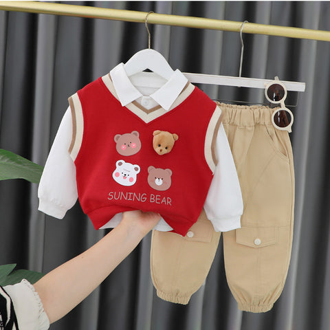 Toddler & Baby 3-Piece Bear Vest Outfit – Red, Black, White (10M-5Y)