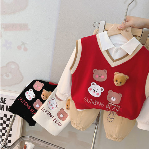Toddler & Baby 3-Piece Bear Vest Outfit – Red, Black, White (10M-5Y)