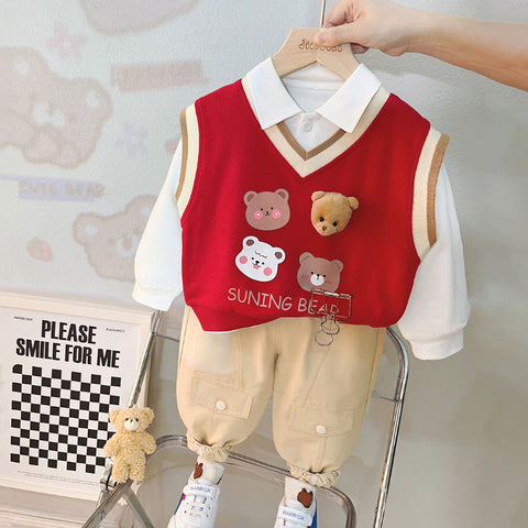 Toddler & Baby 3-Piece Bear Vest Outfit – Red, Black, White (10M-5Y)