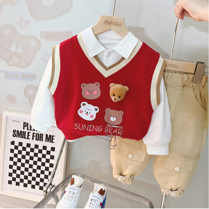 Toddler & Baby 3-Piece Bear Vest Outfit – Red, Black, White (10M-5Y)