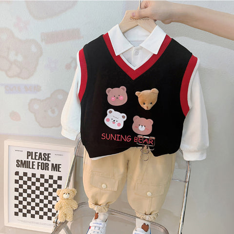Toddler & Baby 3-Piece Bear Vest Outfit – Red, Black, White (10M-5Y)