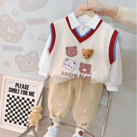 Toddler & Baby 3-Piece Bear Vest Outfit – Red, Black, White (10M-5Y)