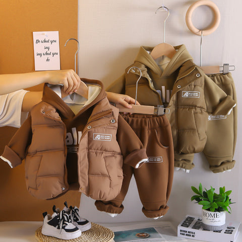 Toddler 3-Piece Hoodie, Pants & Puffer Vest Set – Green, Brown, Cream, White (1-6 Years)