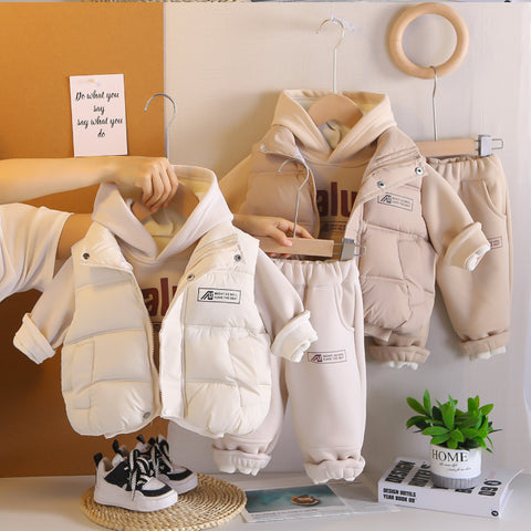 Toddler 3-Piece Hoodie, Pants & Puffer Vest Set – Green, Brown, Cream, White (1-6 Years)