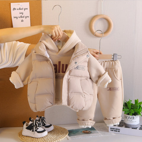 Toddler 3-Piece Hoodie, Pants & Puffer Vest Set – Green, Brown, Cream, White (1-6 Years)