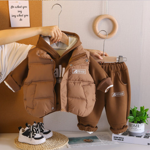 Toddler 3-Piece Hoodie, Pants & Puffer Vest Set – Green, Brown, Cream, White (1-6 Years)