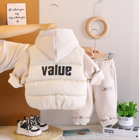 Toddler 3-Piece Hoodie, Pants & Puffer Vest Set – Green, Brown, Cream, White (1-6 Years)