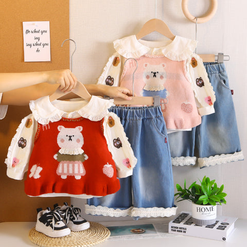 2-Piece Kids Bear Outfit with Denim Skirt – Pink or Red (1-5 Years)