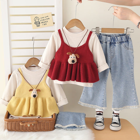 3-Piece Kids Outfit with Knit Top & Jeans – Yellow or Red (1-5 Years)