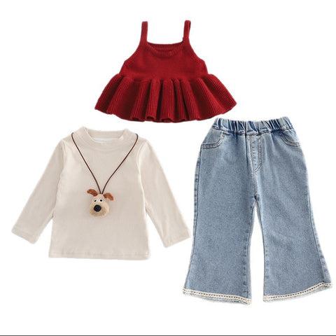 3-Piece Kids Outfit with Knit Top & Jeans – Yellow or Red (1-5 Years)