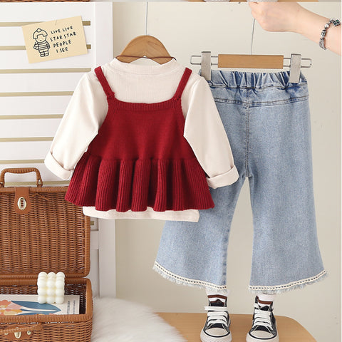 3-Piece Kids Outfit with Knit Top & Jeans – Yellow or Red (1-5 Years)