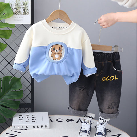 Toddler 2-Piece Bear Print Sweatshirt & Jeans Set – Blue or Green (1-5 Years)