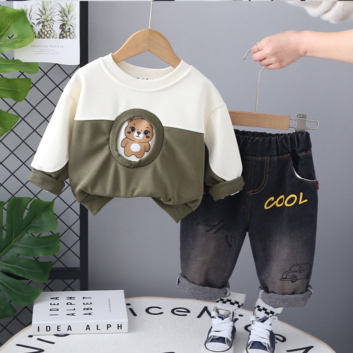 Toddler 2-Piece Bear Print Sweatshirt & Jeans Set – Blue or Green (1-5 Years)
