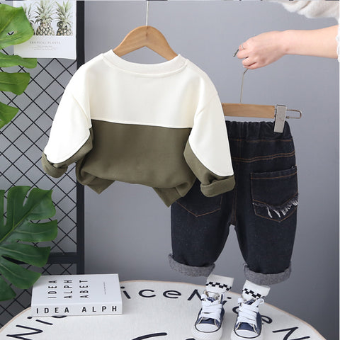 Toddler 2-Piece Bear Print Sweatshirt & Jeans Set – Blue or Green (1-5 Years)