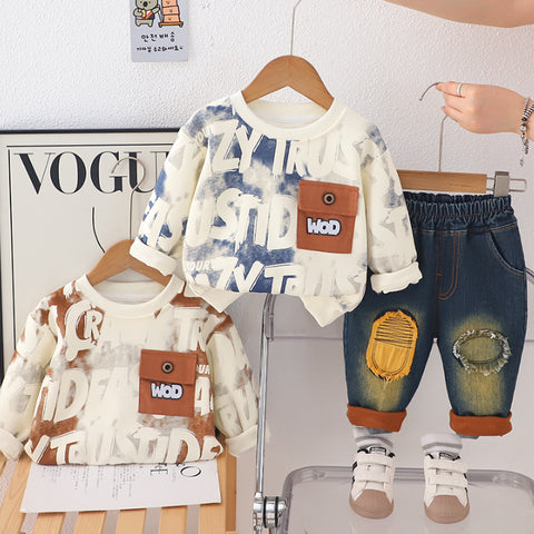 2-Piece Kids Denim Outfit with Printed Sweatshirt – Blue or Brown (1-5 Years)