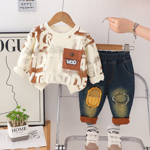 2-Piece Kids Denim Outfit with Printed Sweatshirt – Blue or Brown (1-5 Years)