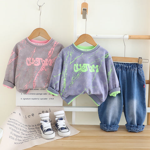 Unisex Kids Casual Outfit with Neon Print Sweatshirt & Jeans – Pink or Green (1-5 Years)