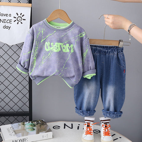 Unisex Kids Casual Outfit with Neon Print Sweatshirt & Jeans – Pink or Green (1-5 Years)