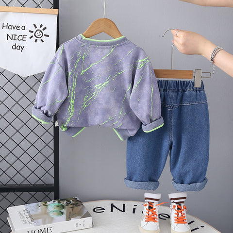 Unisex Kids Casual Outfit with Neon Print Sweatshirt & Jeans – Pink or Green (1-5 Years)