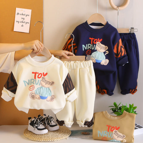 Bear Print Sweatshirt & Pants Set – Cream, Navy or Beige (1-5 Years)