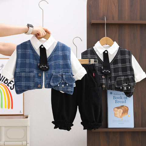 3-Piece Plaid Vest Outfit with Tie – Blue or Grey (1-5 Years)