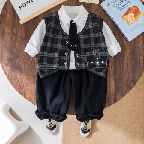 3-Piece Plaid Vest Outfit with Tie – Blue or Grey (1-5 Years)