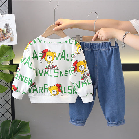 Cartoon Bear Print Sweatshirt & Jeans Set (1-5 Years)
