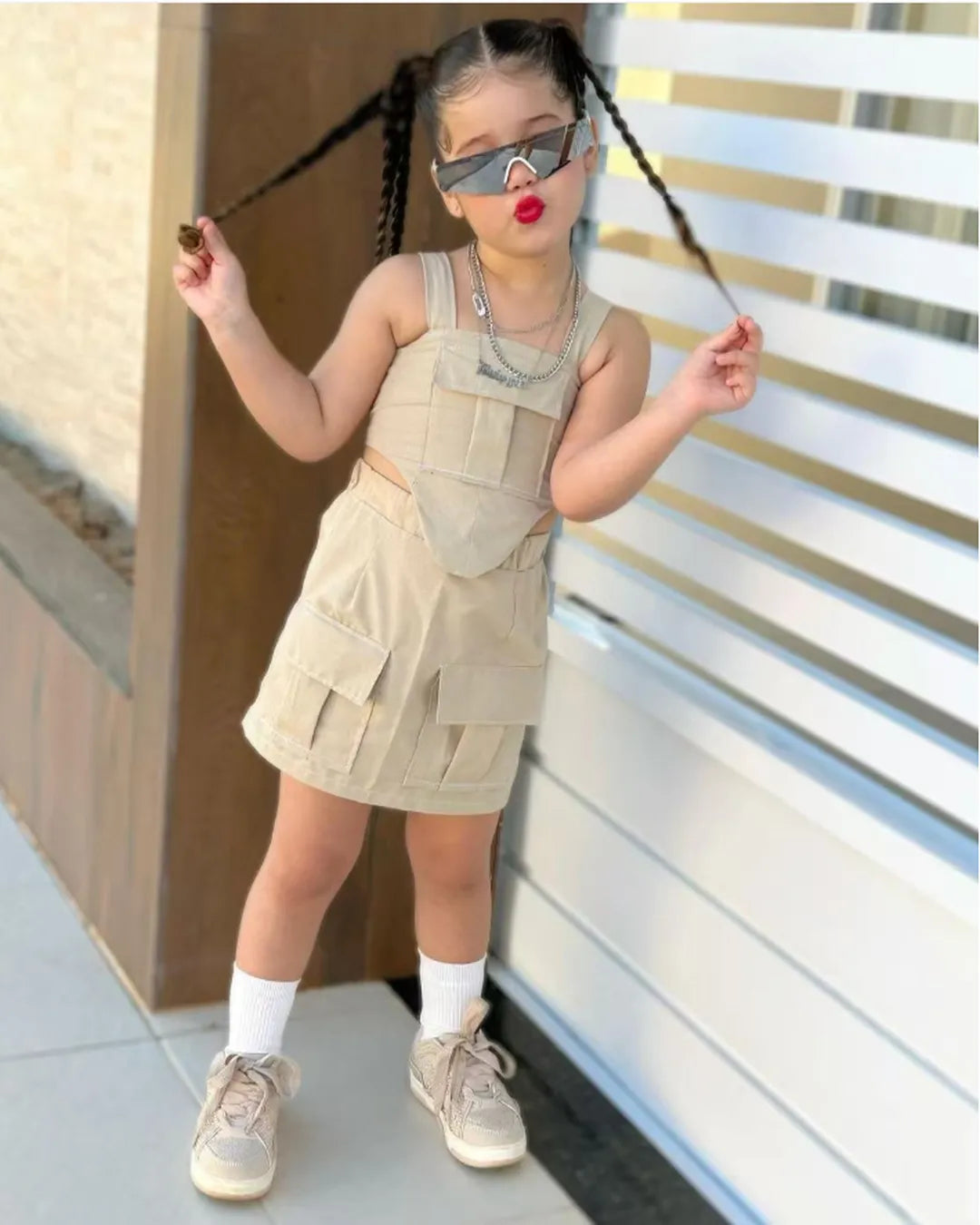 Beige Utility Pocket Skirt Set – Girls 2–7Y