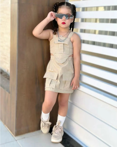 Beige Utility Pocket Skirt Set – Girls 2–7Y