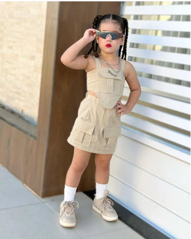 Beige Utility Pocket Skirt Set – Girls 2–7Y