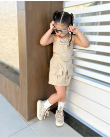 Beige Utility Pocket Skirt Set – Girls 2–7Y