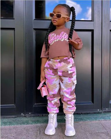 Barbie Crop Top & Pink Camo Pants Set – Girls 2–7Y
