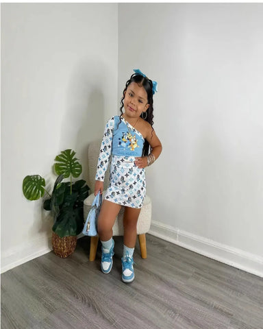 Blue One-Shoulder Cartoon Print Skirt Set – Girls 2–7 Y