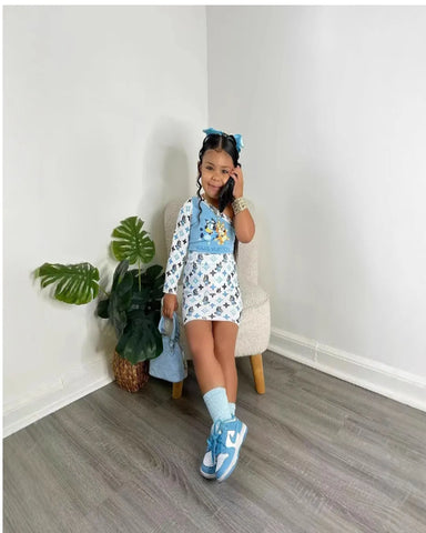 Blue One-Shoulder Cartoon Print Skirt Set – Girls 2–7 Y