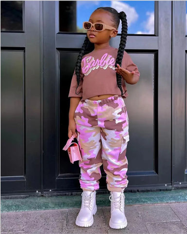 Barbie Crop Top & Pink Camo Pants Set – Girls 2–7Y