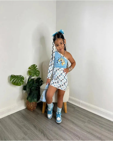 Blue One-Shoulder Cartoon Print Skirt Set – Girls 2–7 Y