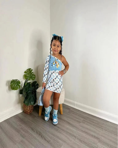 Blue One-Shoulder Cartoon Print Skirt Set – Girls 2–7 Y