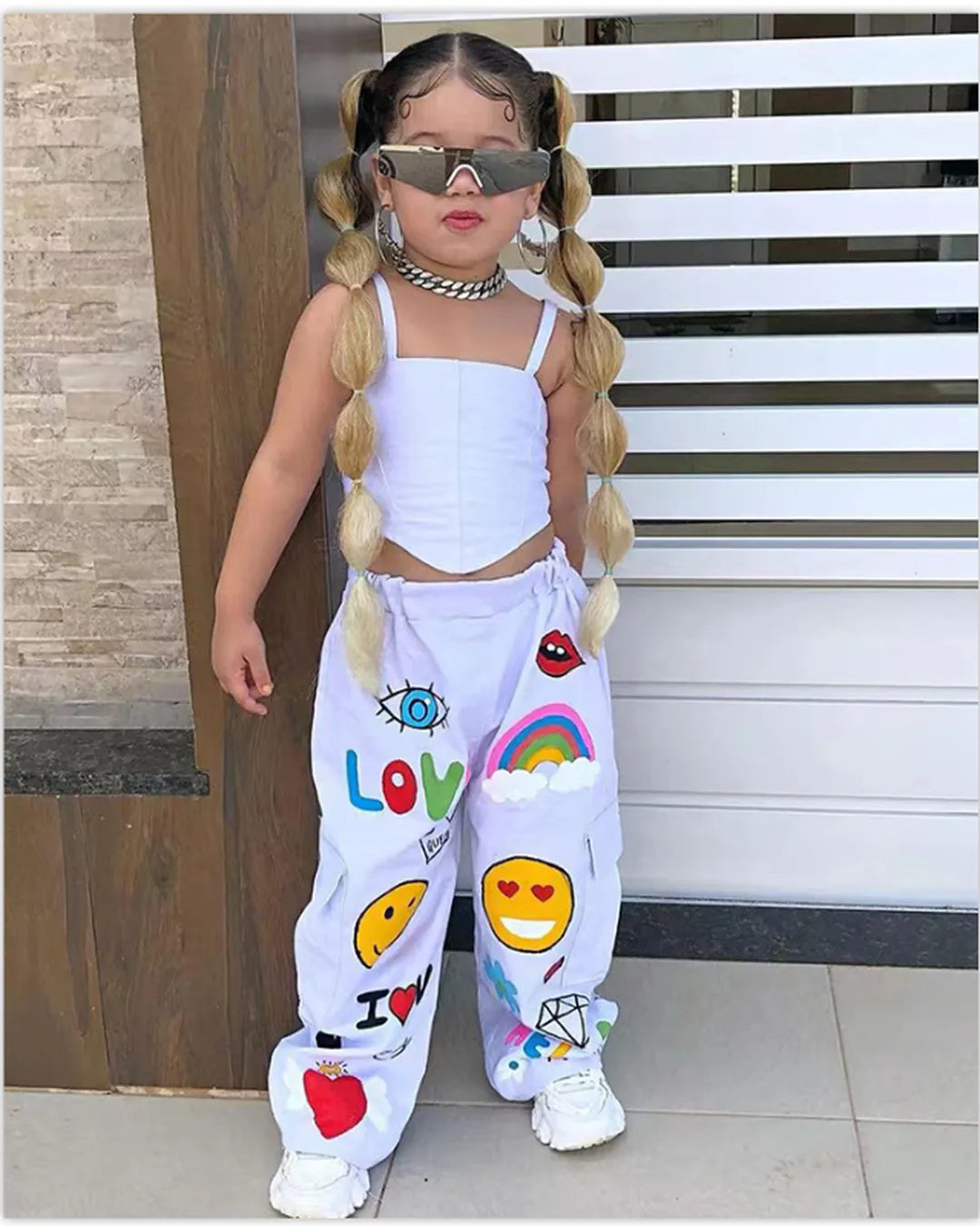 Graffiti Cargo Pants & White Crop Set – Girls 2–7Y
