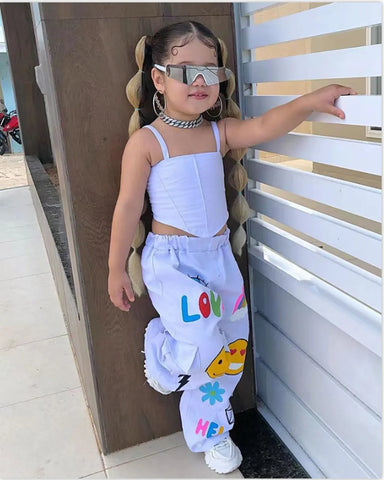 Graffiti Cargo Pants & White Crop Set – Girls 2–7Y