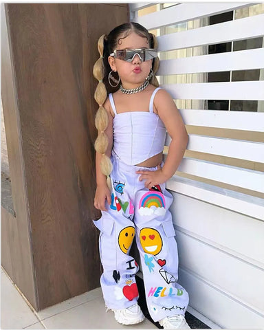Graffiti Cargo Pants & White Crop Set – Girls 2–7Y