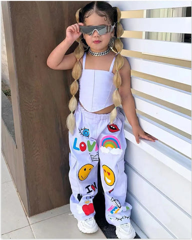 Graffiti Cargo Pants & White Crop Set – Girls 2–7Y