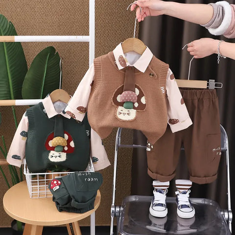 3-Piece Mushroom Vest Outfit – Brown or Green (1-5 Years)