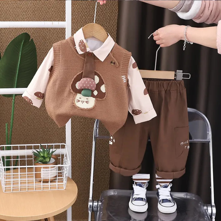 3-Piece Mushroom Vest Outfit – Brown or Green (1-5 Years)