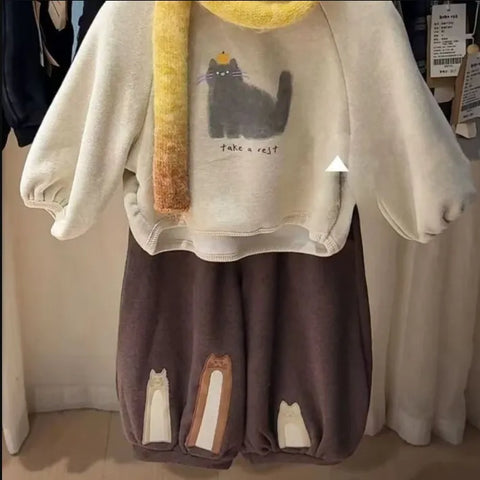 Cat Print Cream & Brown 2-Piece Outfit