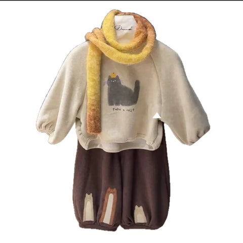 Cat Print Cream & Brown 2-Piece Outfit